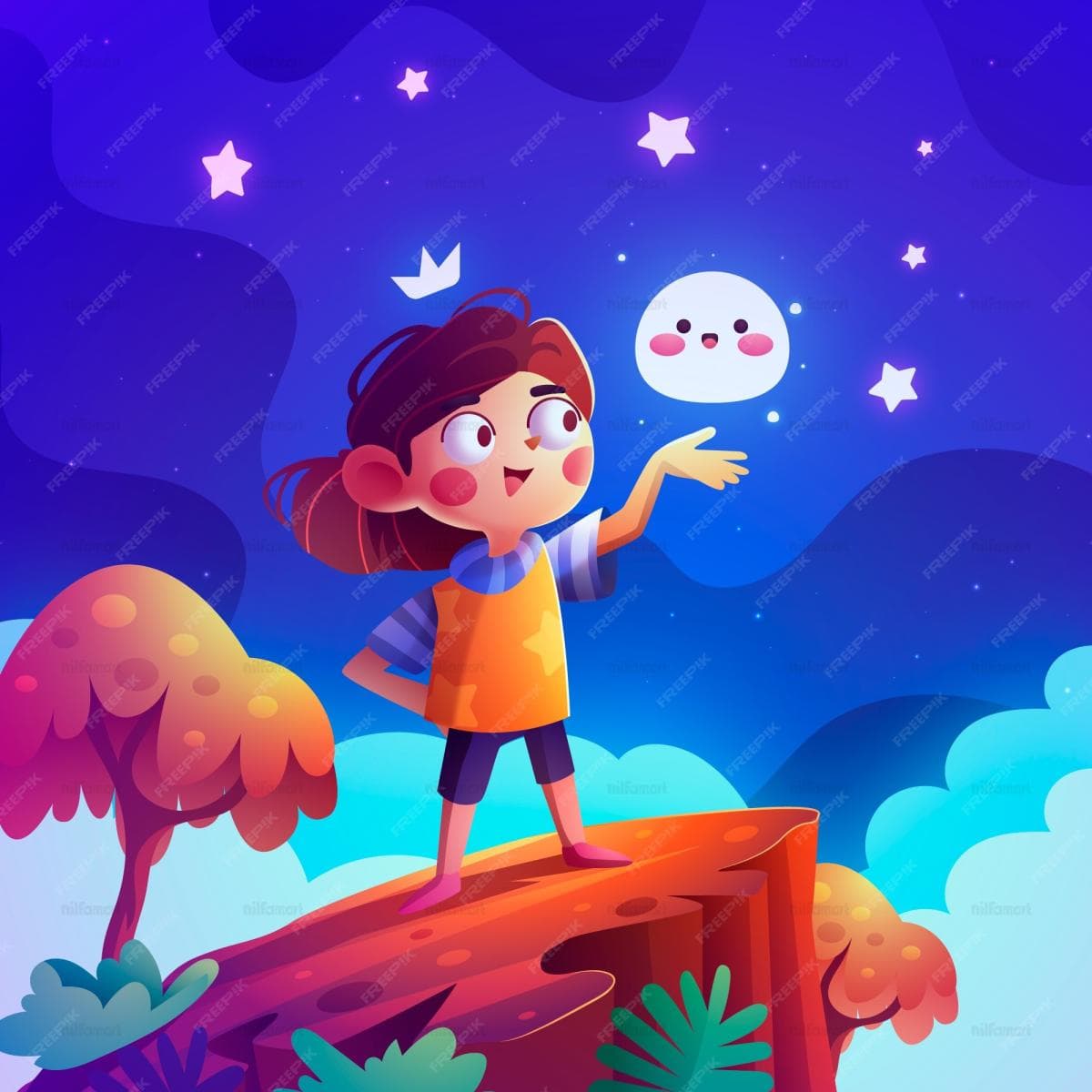 دانلود وکتور تصویرسازی دختر بچه و ماه