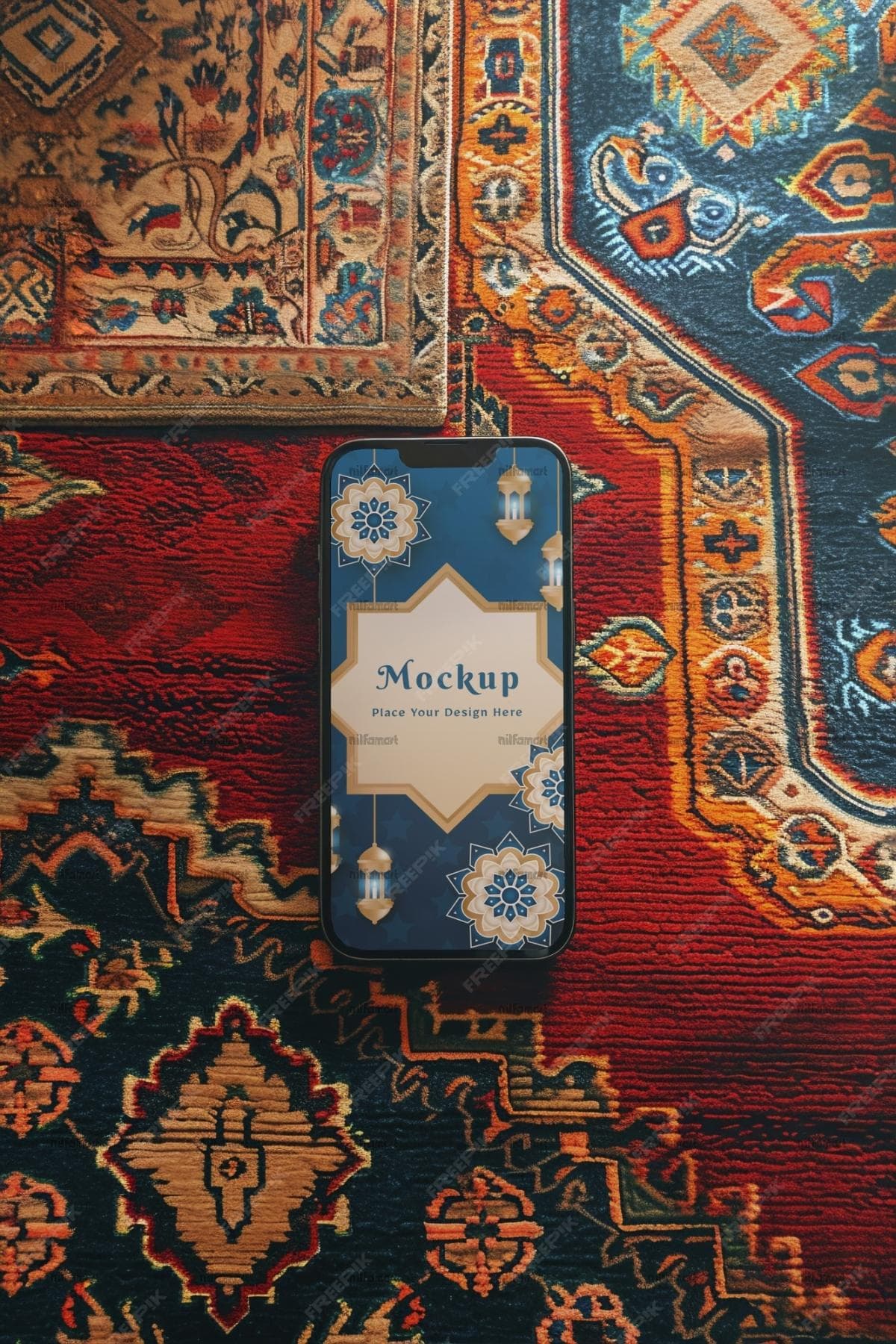 دانلود موکاپ موبایل روی فرش ایرانی | نیلفام آرت