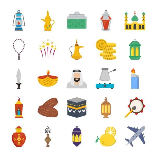 دانلود وکتور المان های ماه رمضان - فانوس، خرما،کعبه